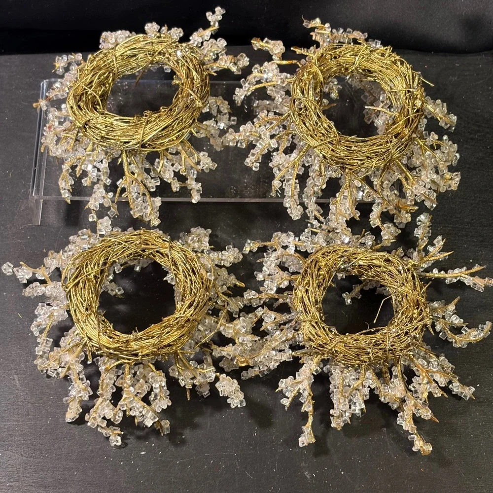 Gold Beaded Napkin Rings Set of 4 Ice Crystal Sunburst Wreath Holiday Decor 5in